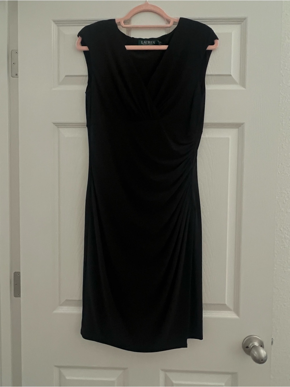 Lauren Ralph Lauren Black Draped V-Neck Sheath Dress